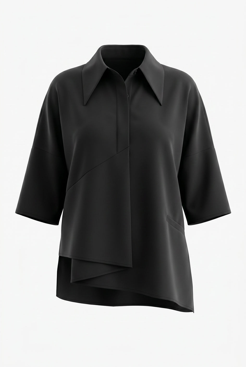 SZ black short-sleeve collared blouse with diagonal seam details and an asymmetrical draped hem, shown on a plain light gray background.
