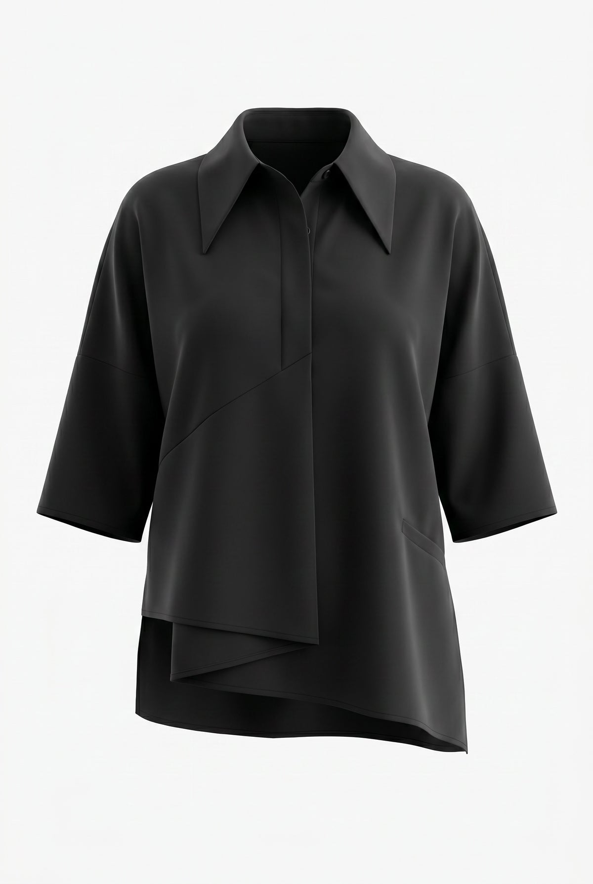 SZ black short-sleeve collared blouse with diagonal seam details and an asymmetrical draped hem, shown on a plain light gray background.