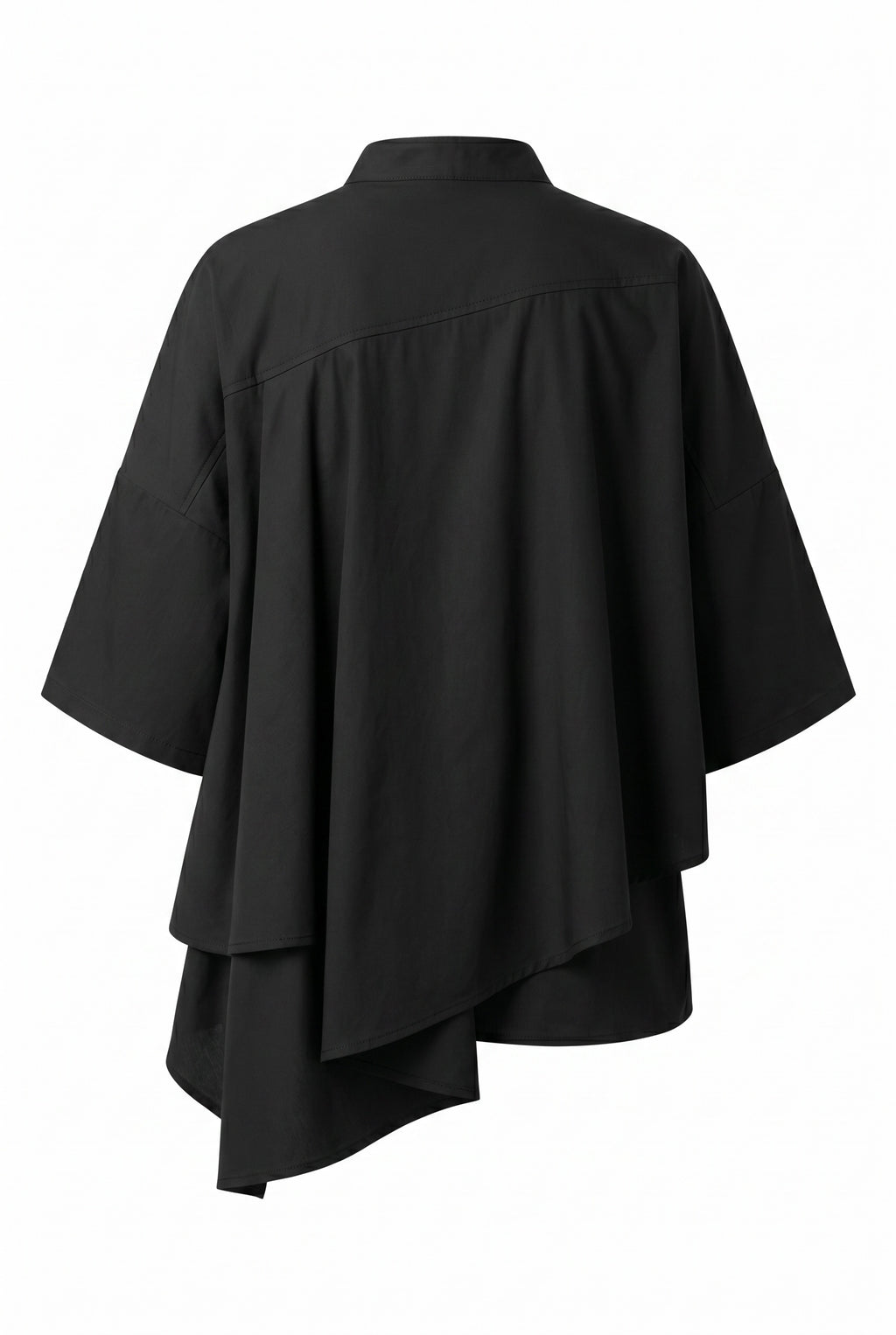 SZ black short-sleeved poncho-style top with an asymmetrical layered hem, shown from the back against a plain white background.