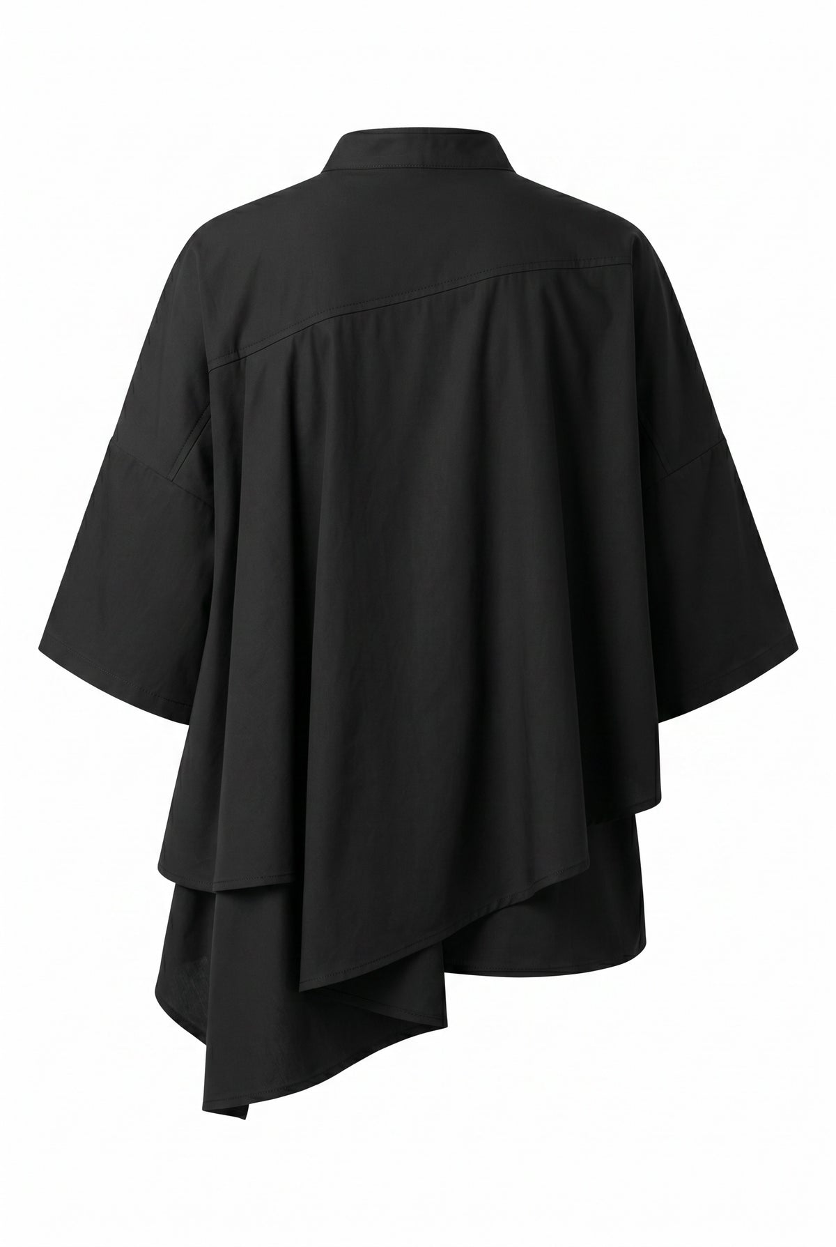 SZ black short-sleeved poncho-style top with an asymmetrical layered hem, shown from the back against a plain white background.