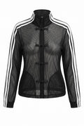 SZ black sheer mesh track jacket with a high collar, three-quarter zip closure, and white double stripes down the sleeves, shown on a plain white background.
