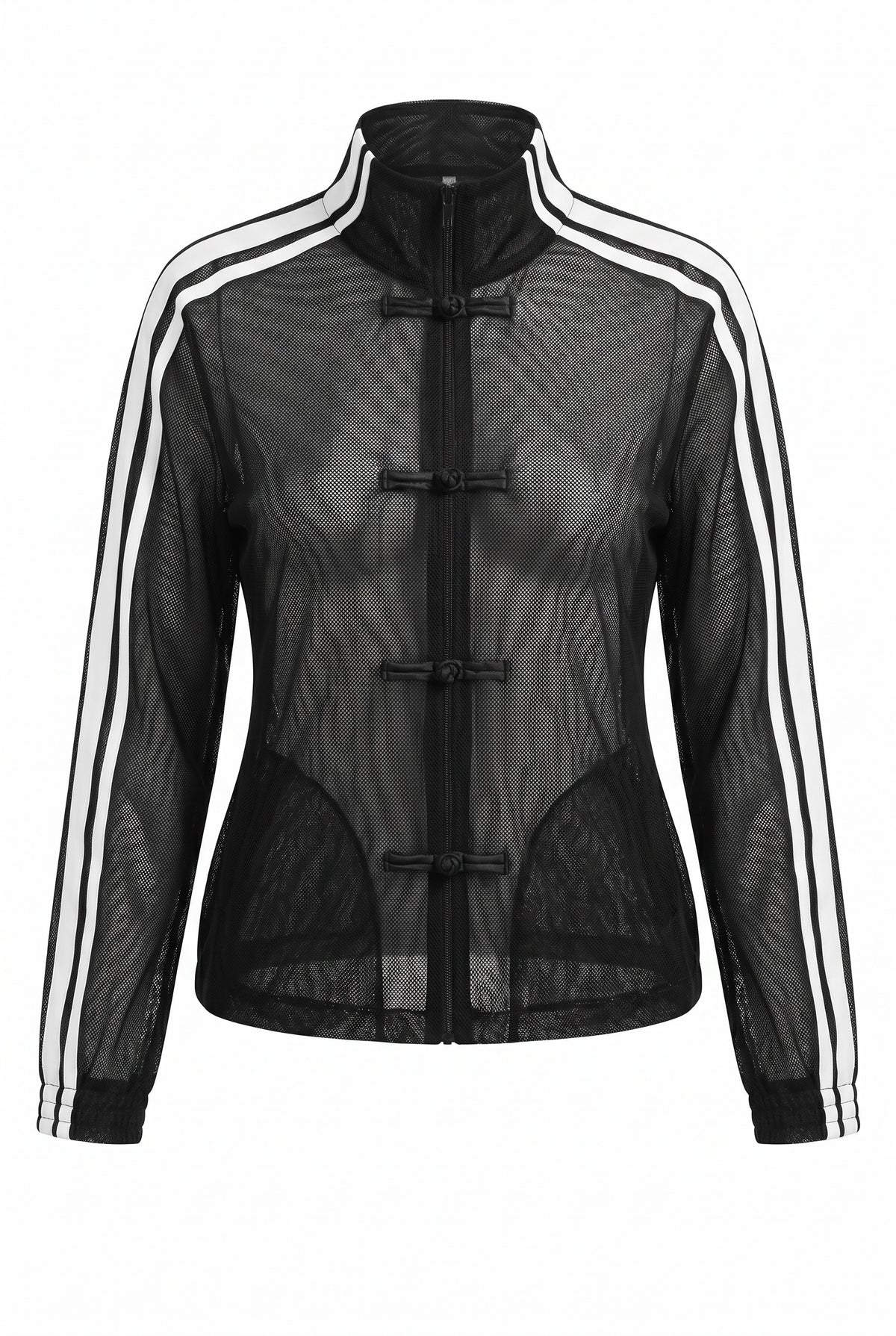 SZ black sheer mesh track jacket with a high collar, three-quarter zip closure, and white double stripes down the sleeves, shown on a plain white background.