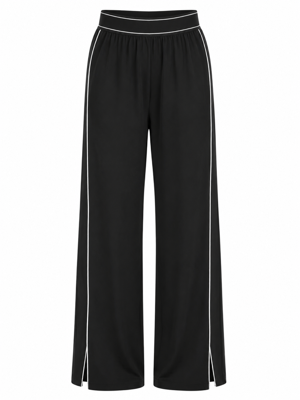 Black wide-leg cropped pants with white side piping and a white contrast waistband, shown against a plain white background.