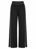 Black wide-leg cropped pants with white side piping and a white contrast waistband, shown against a plain white background.