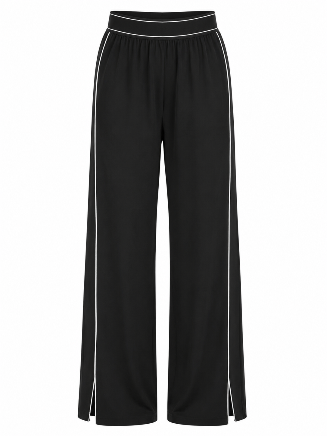 Black wide-leg cropped pants with white side piping and a white contrast waistband, shown against a plain white background.