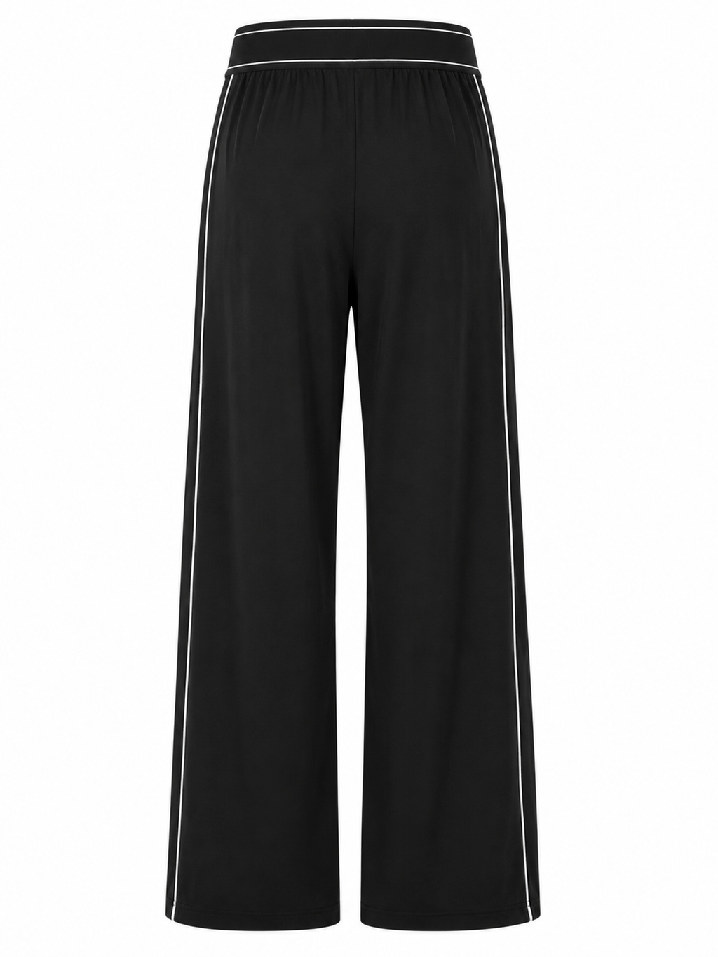 Black wide-leg athletic pants with white side stripes and a white waistband trim, shown against a plain white background.