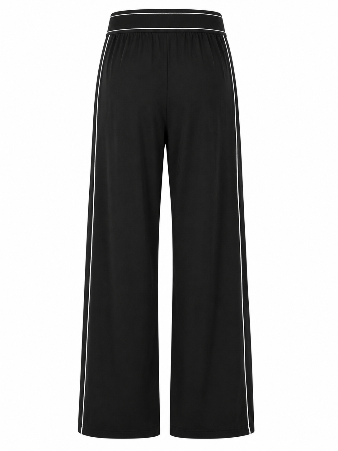Black wide-leg athletic pants with white side stripes and a white waistband trim, shown against a plain white background.