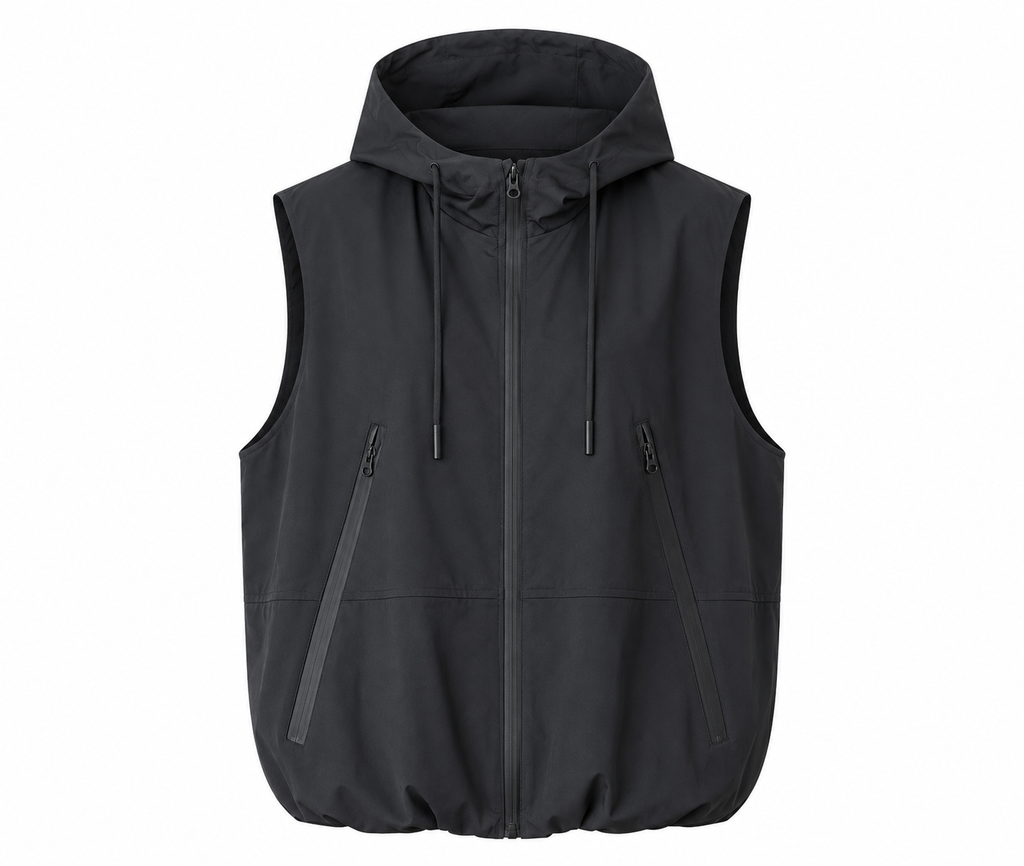 A black hooded zip-up vest with two vertical zippered pockets on the front, displayed against a solid white background.
