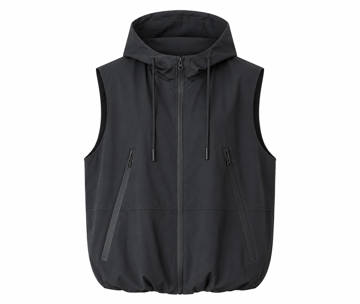 A black hooded zip-up vest with two vertical zippered pockets on the front, displayed against a solid white background.