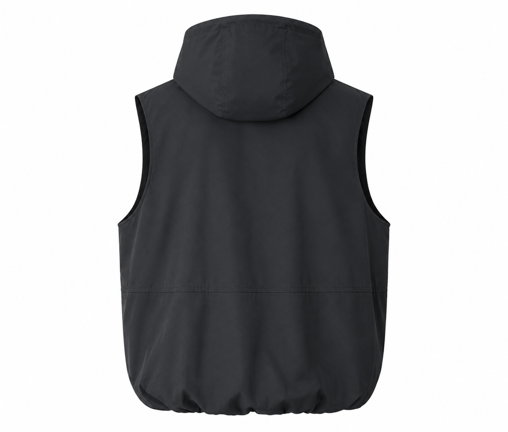 The back view of a black hooded sleeveless vest, shown against a plain white background.