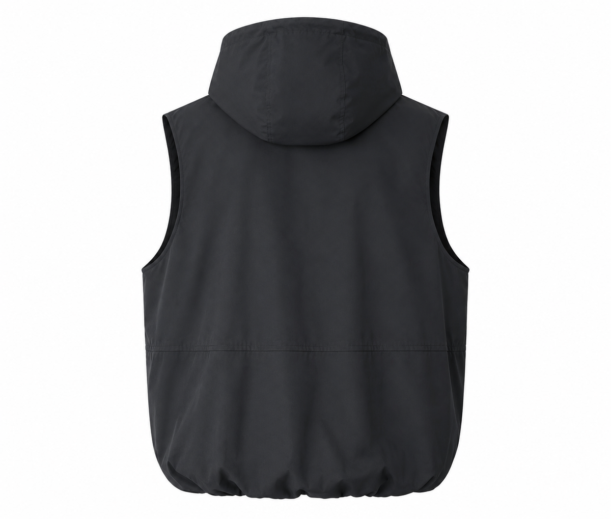 The back view of a black hooded sleeveless vest, shown against a plain white background.