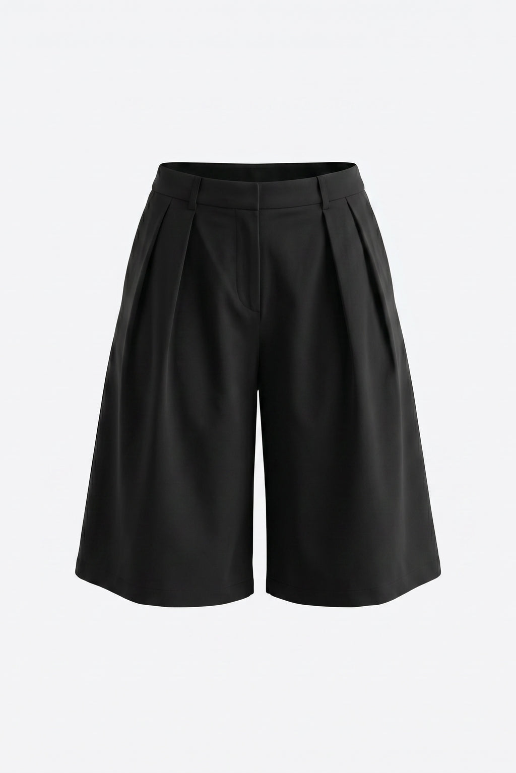 SZ Black pleated wide-leg shorts with a structured waistband, shown against a plain light gray background.