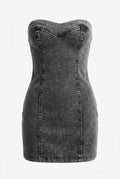 Black denim strapless dress on a white background
