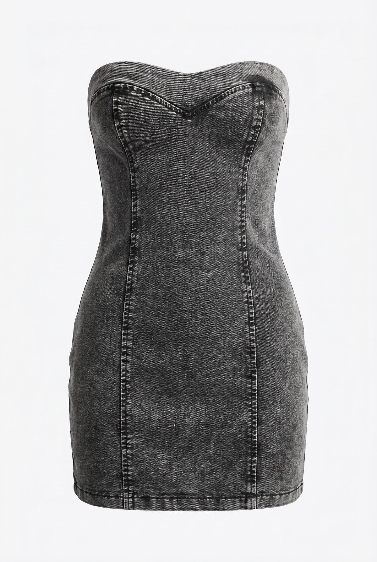 Black denim strapless dress on a white background