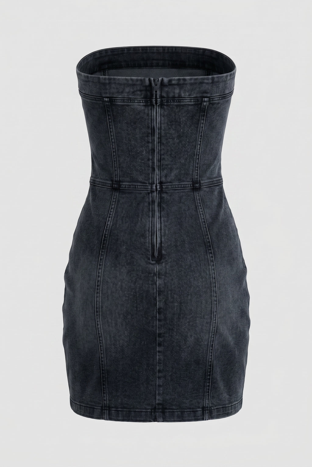 Black denim dress on a light gray background