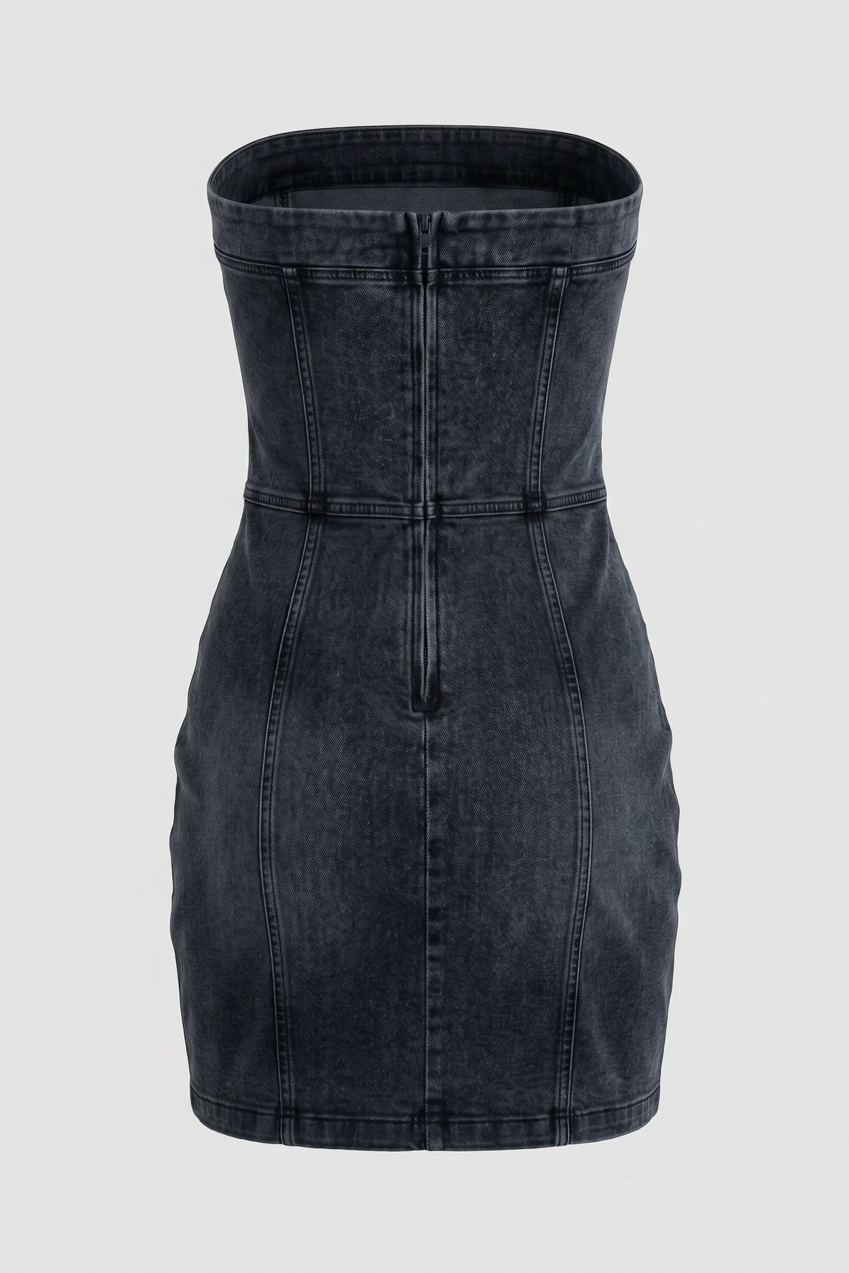 Black denim dress on a light gray background