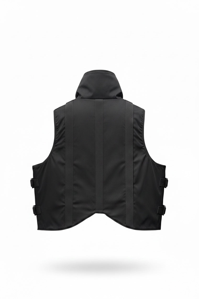 Black vest with a hood on a white background