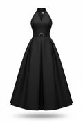 Black halter neck dress with a belt on a white background