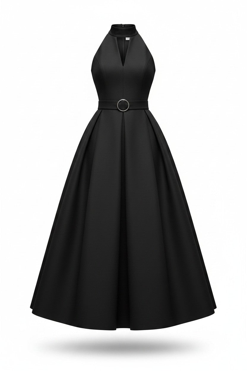 Black halter neck dress with a belt on a white background