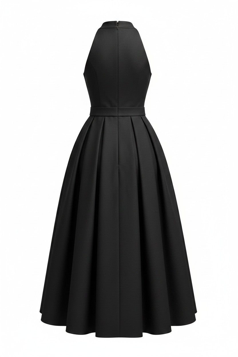 Black halter neck dress with a full skirt on a white background