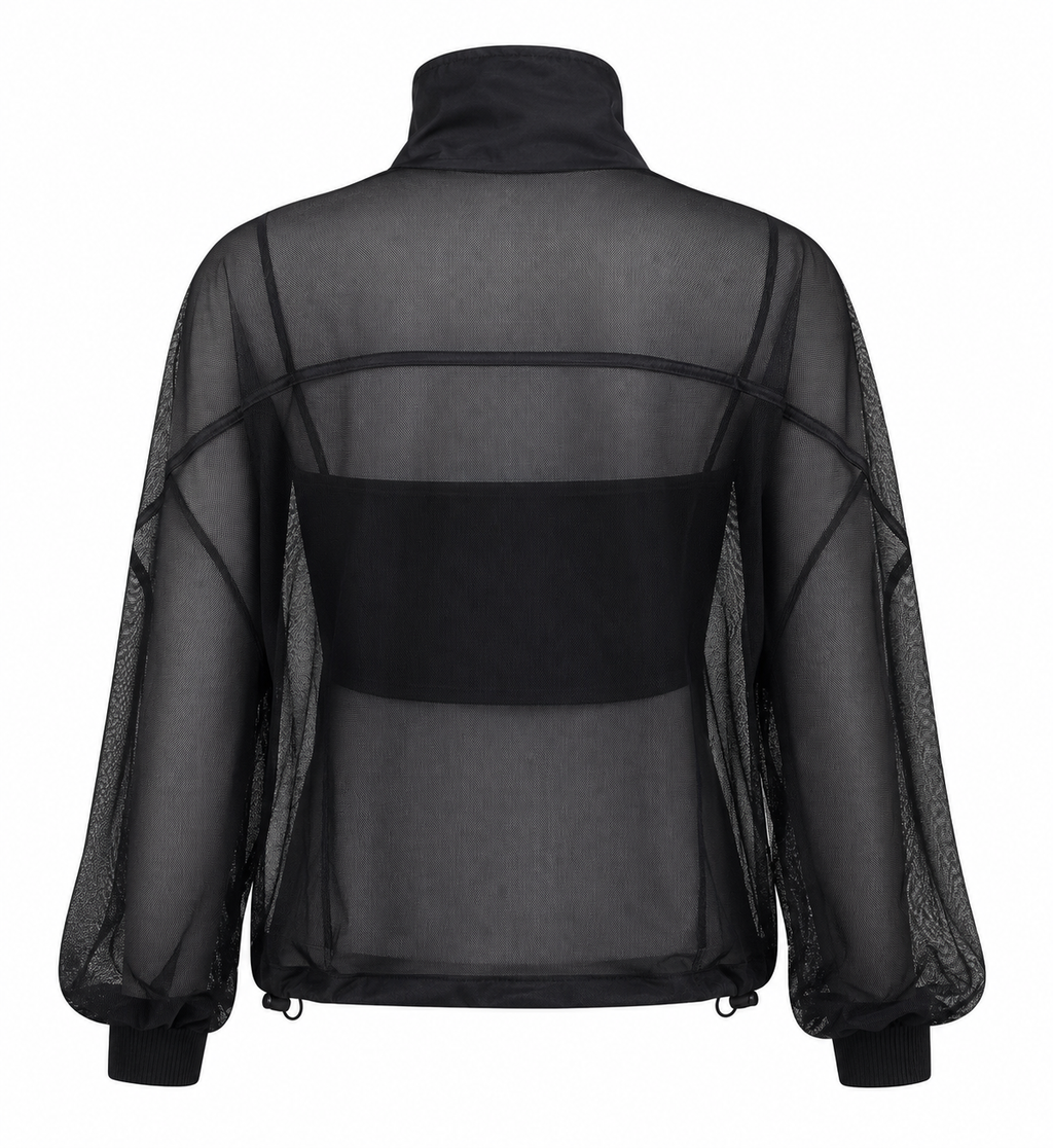 A black sheer mesh jacket with a high mock neck, long balloon sleeves, and a wide black band across the back, shown from the back on a white background.