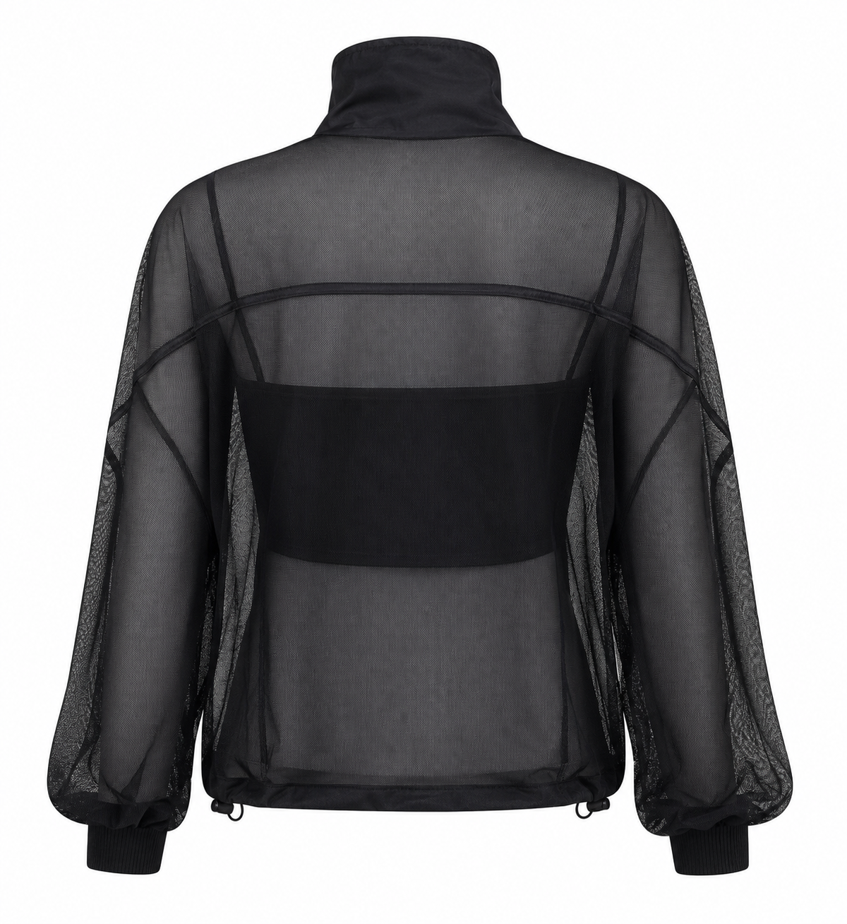 A black sheer mesh jacket with a high mock neck, long balloon sleeves, and a wide black band across the back, shown from the back on a white background.