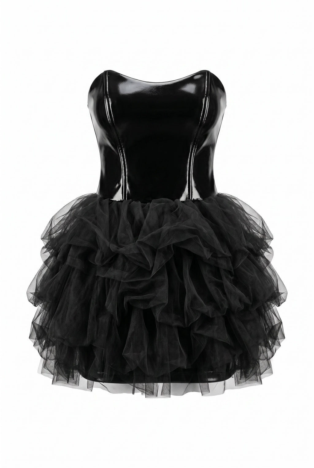 Black dress with a shiny bodice and layered tulle skirt on a white background