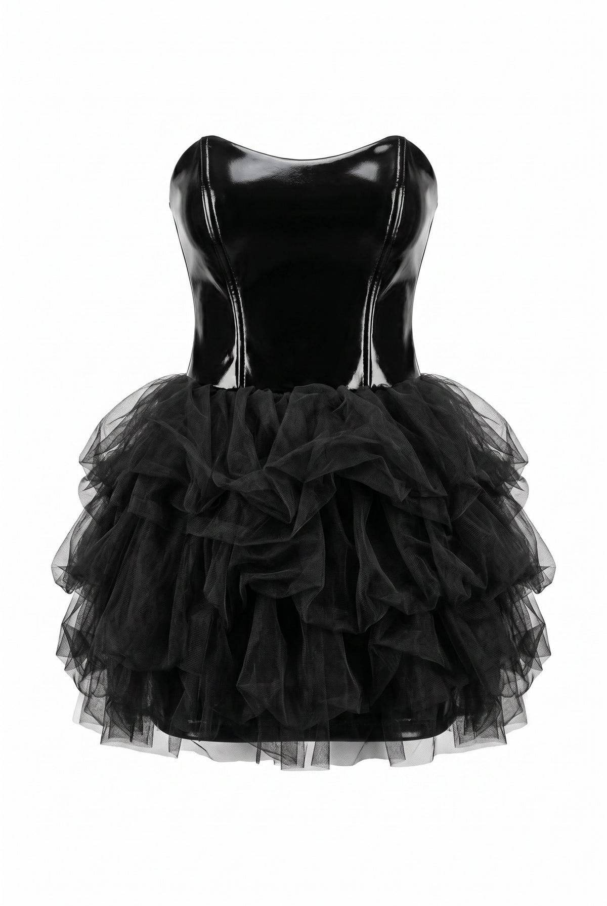 Black dress with a shiny bodice and layered tulle skirt on a white background