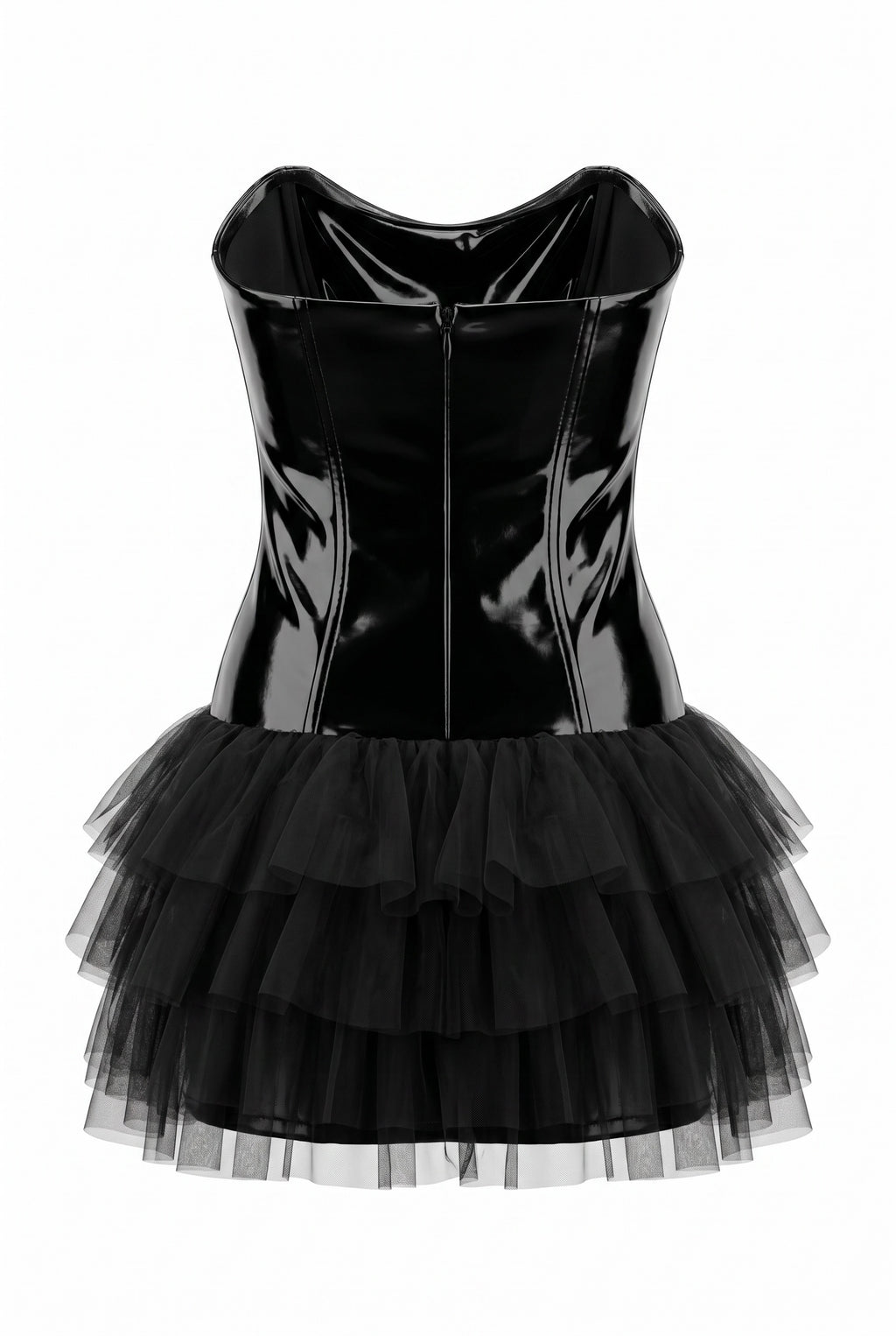 Black vinyl top with a layered black tulle skirt on a white background