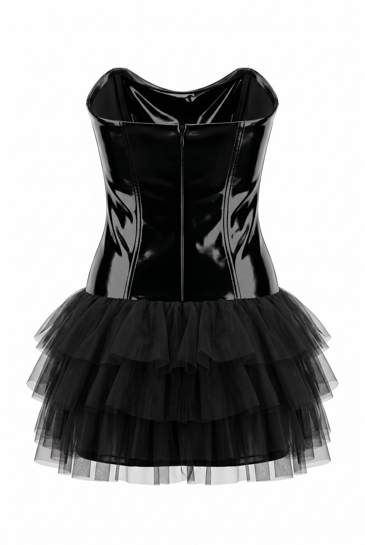 Black vinyl top with a layered black tulle skirt on a white background