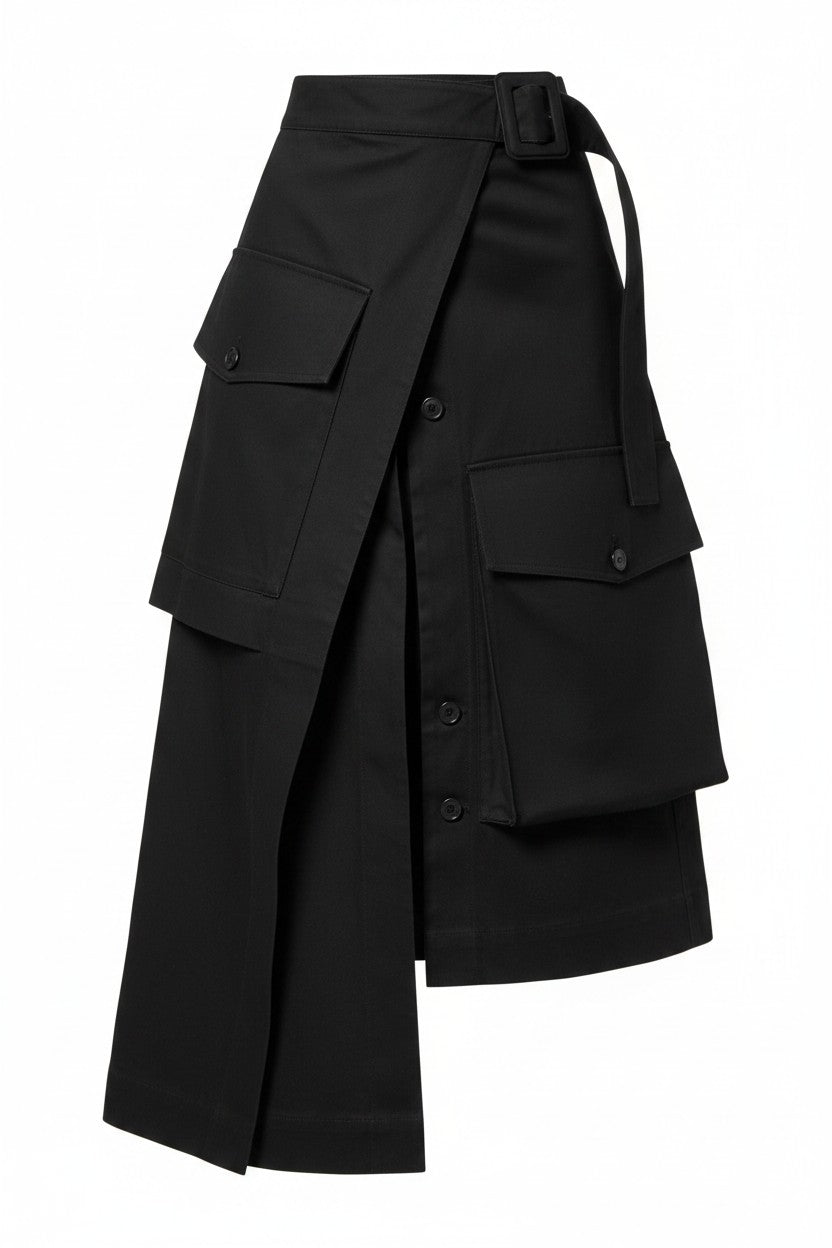 Black layered skirt with button details on a white background
