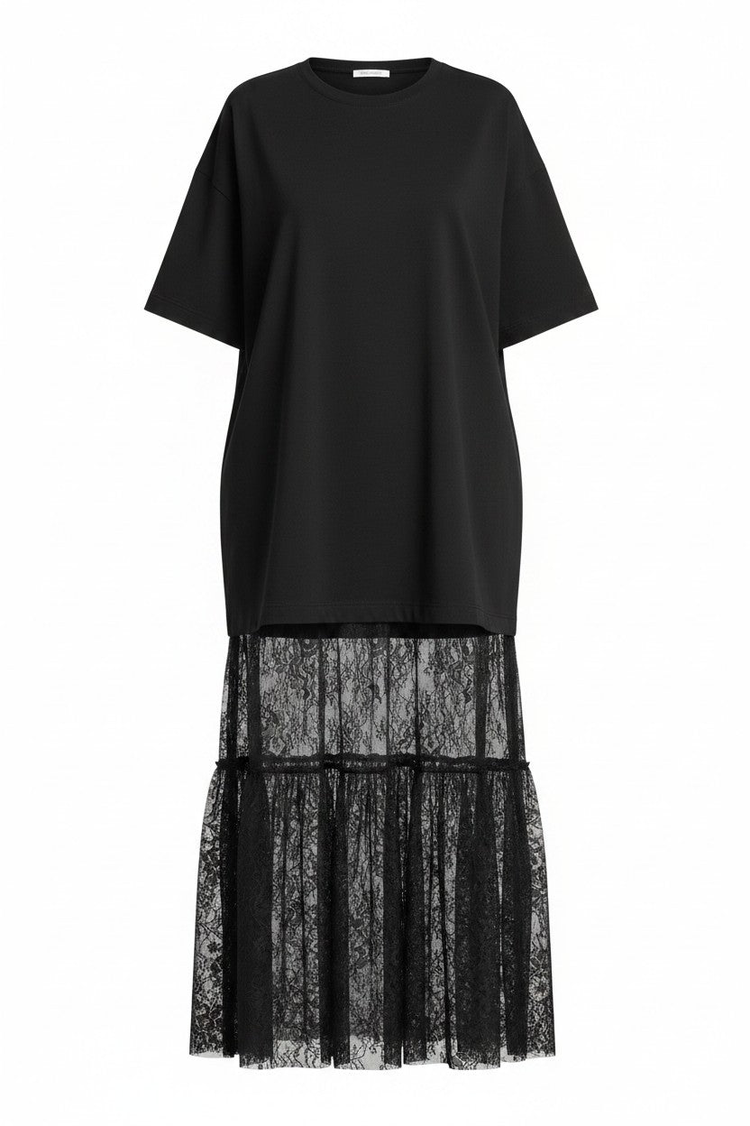 Black dress with lace overlay on a white background