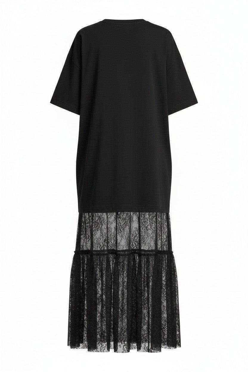 Black dress with sheer lace overlay on a white background