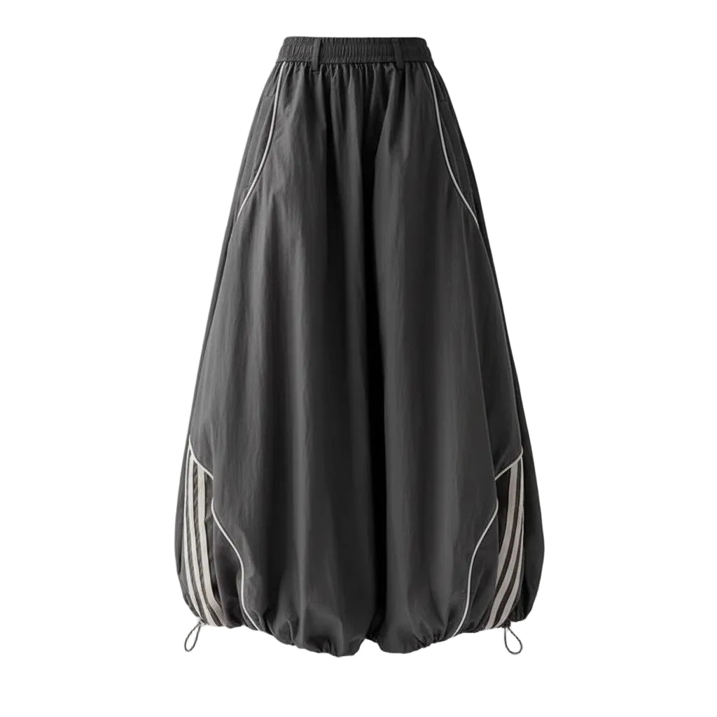 Black skirt with white stripes on a light gray background