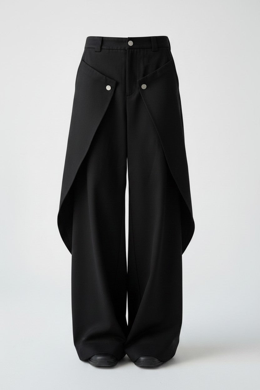 Black wide-leg pants with a draped front design on a white background