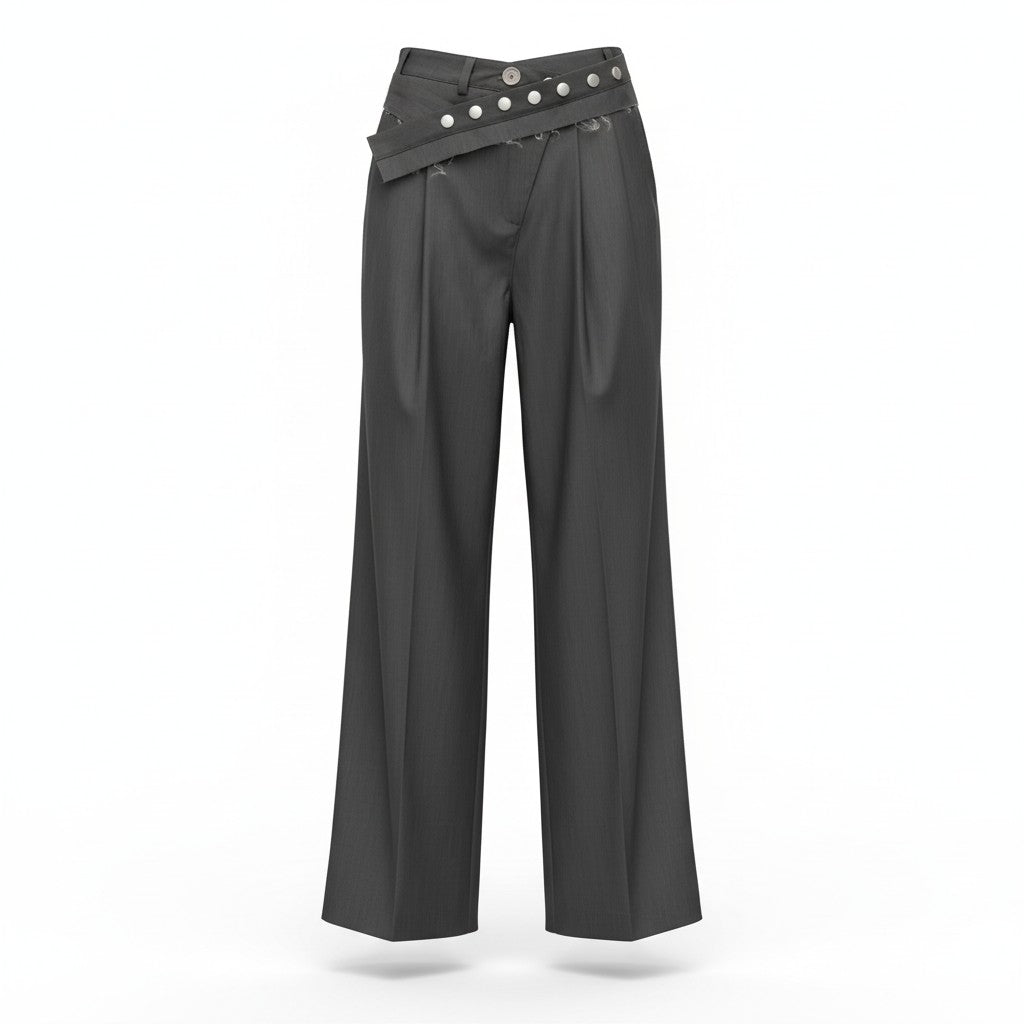 Black wide-leg pants with decorative belt on a white background