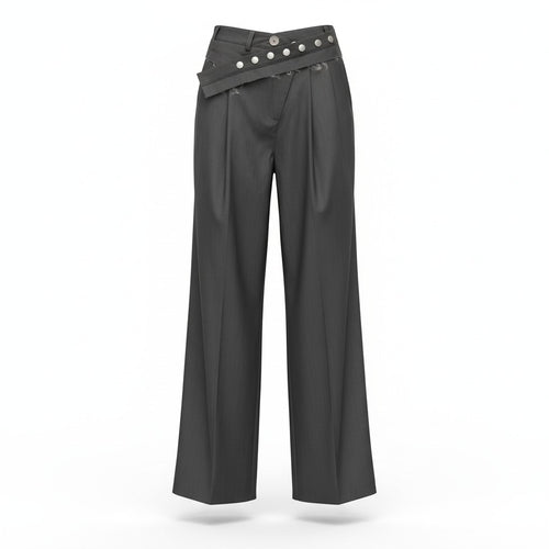 Black wide-leg pants with decorative belt on a white background