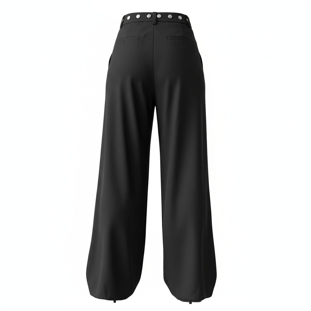 Black wide-leg pants with a belt on a white background