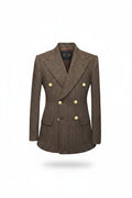 Brown tweed jacket with gold buttons on a white background