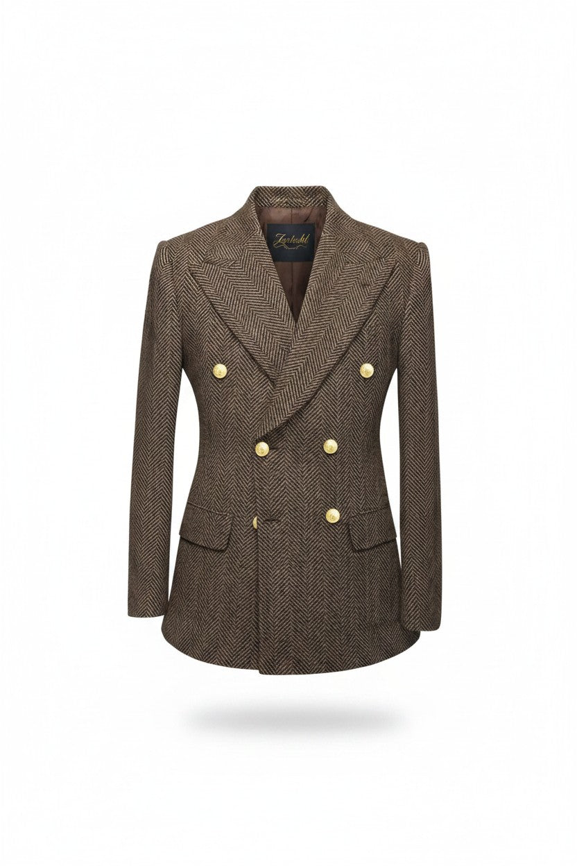 Brown tweed jacket with gold buttons on a white background