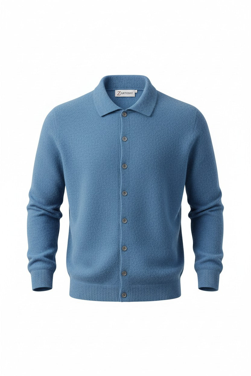 Blue cardigan with a collar on a white background
