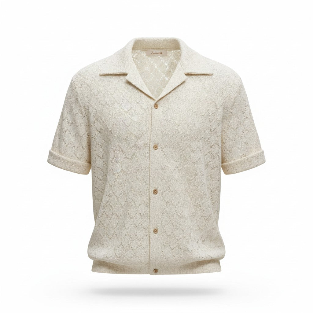 Beige patterned shirt with short sleeves on a white background