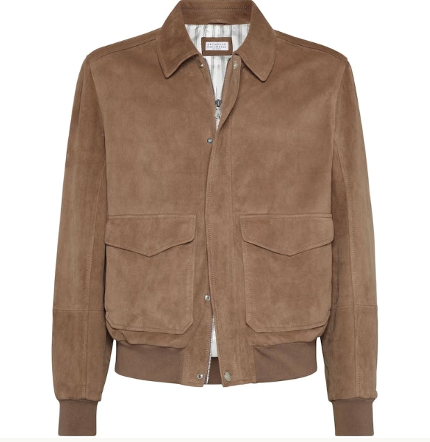 Brown suede jacket with two front pockets on a white background