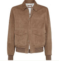 Brown suede jacket with two front pockets on a white background