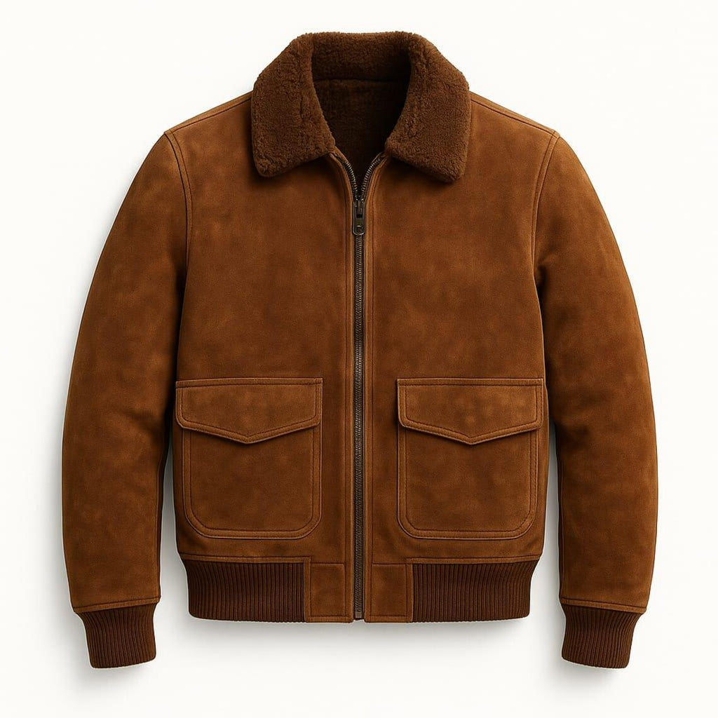 Brown leather jacket with fur collar on a white background