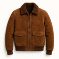 Brown leather jacket with fur collar on a white background