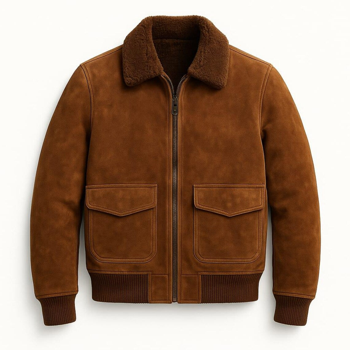 Brown leather jacket with fur collar on a white background