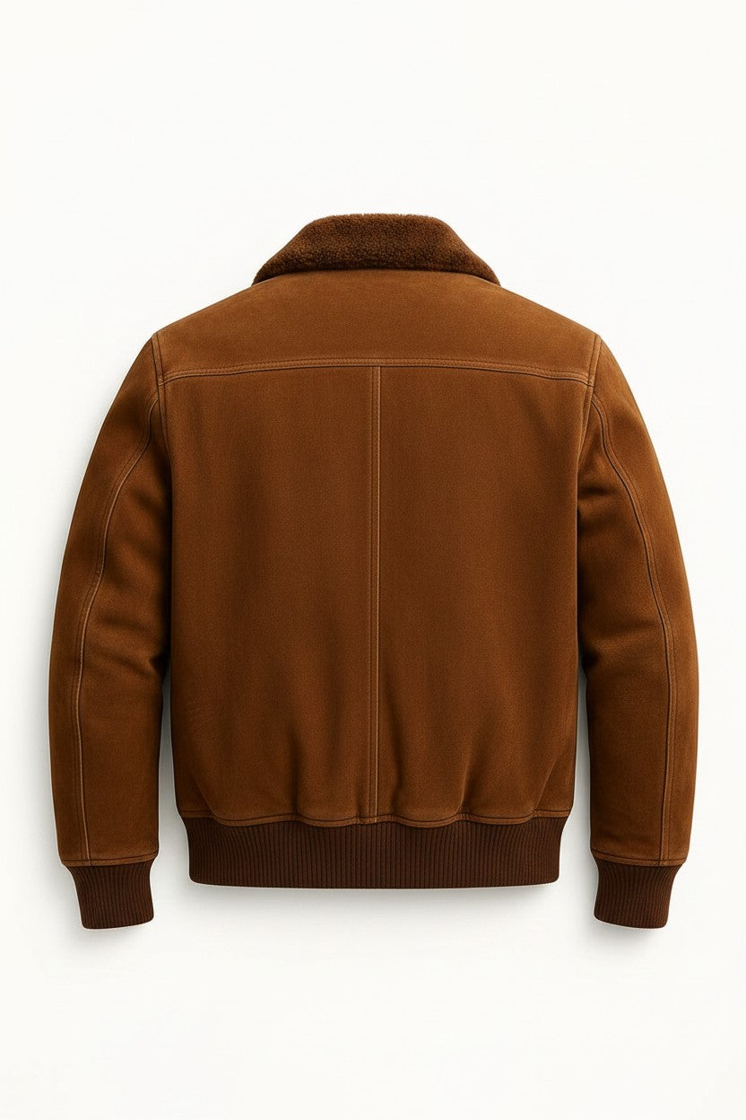 Brown jacket with shearling collar on a white background