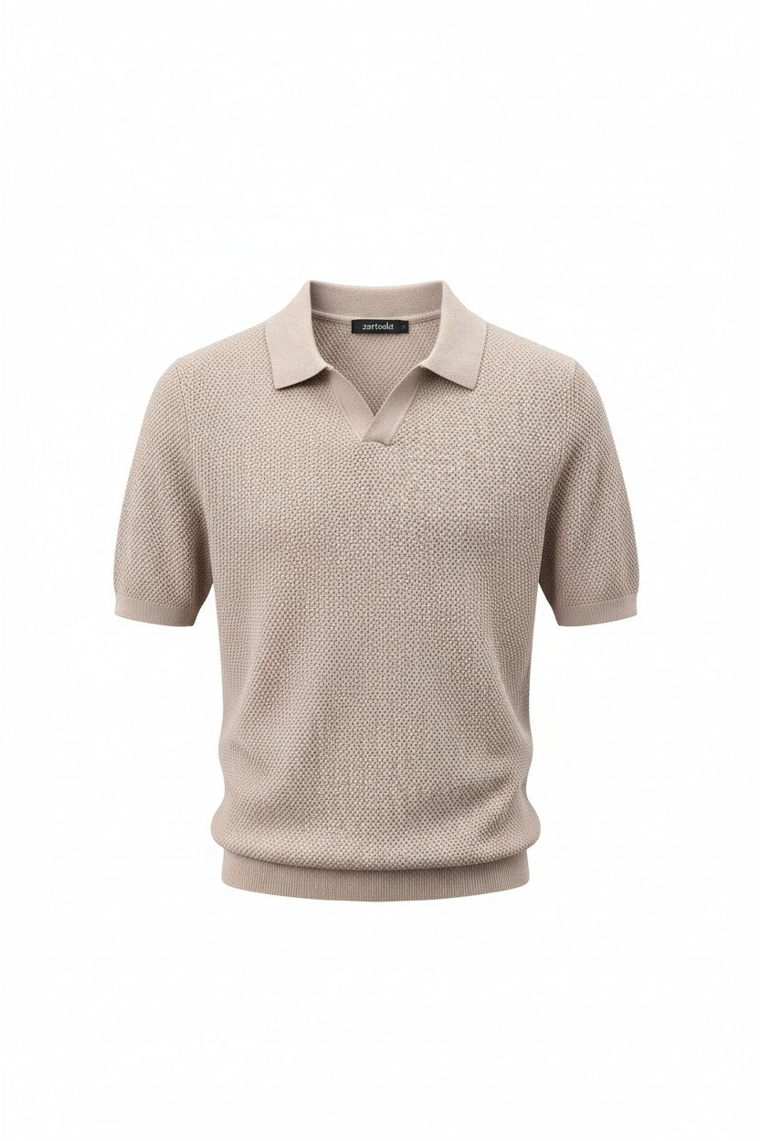 Beige short-sleeve polo shirt on a white background