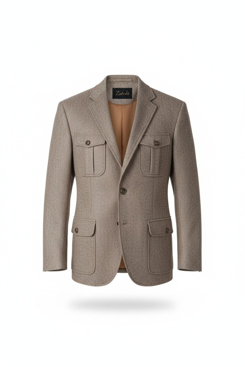 Brown blazer with a textured pattern on a white background